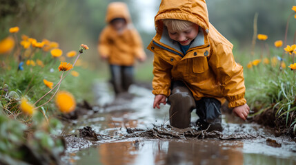 Children play in a puddle.