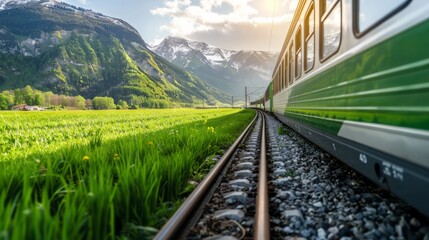 Close-up front view of the train, green field and alpine mountains on the background