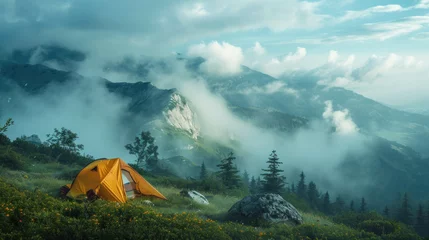 Foto op Plexiglas Experience the allure of outdoor exploration with this captivating image of camping equipment nestled amidst clouds and fog in the majestic mountain landscape. AI generative. © น้ำฝน สามารถ