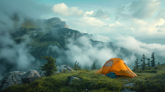 Embark on an adventure into the misty mountains with this high-quality image showcasing camping gear in a tranquil, foggy atmosphere.Shot with a photo-style composition in natural light.AI generative.