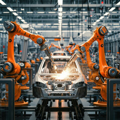 Experience the future of automotive manufacturing as robots assemble an electric car in a high-tech factory with precision and efficiency under local light. Photo grade, 8K, HDR. AI generative.