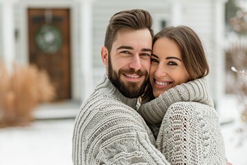 Fototapeta premium Man and woman in sweater hugging each other