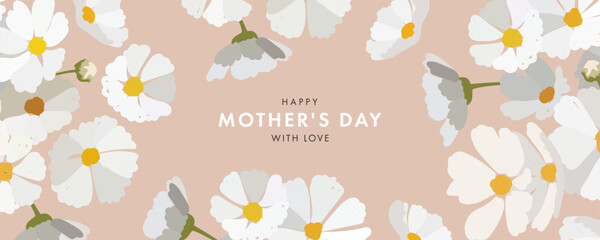 Mothers day design template in modern art style for greeting card, cover, web banner, promo ads. Abstract background with hand drawn spring flowers in pastel colors and trendy typography on beige.
