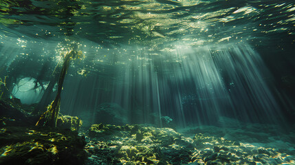 Underwater photography, natural sunlight filtering through water - obrazy, fototapety, plakaty