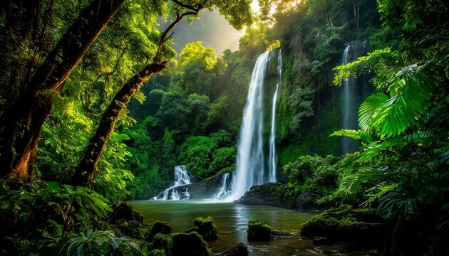 Stunning photo of a rainforest with waterfalls and lush greenery