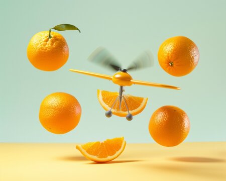 Oranges flying with a propeler. Minimal summer fantasy concept in bold colors.