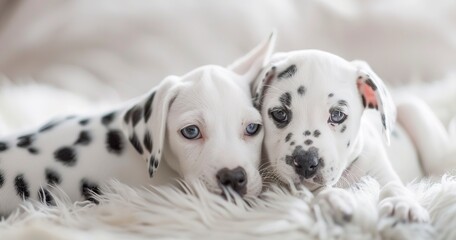 White kitten, dalmatian puppy, close-up, stark contrast, pure, peaceful, soft focus.