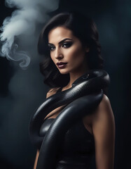 Seductive brunette with a snake on her neck against a background of smoke