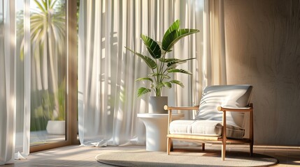 Interior of room with light curtain, armchair and table