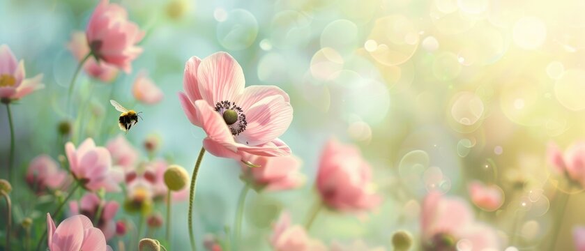 A field of pink flowers with a bee flying over them by AI generated image