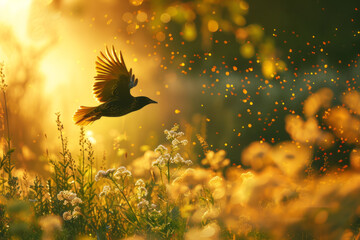 Fototapeta premium A bird in flight against the background of a sunset with grass with space for text or inscriptions 