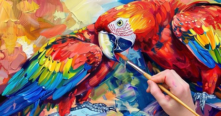 Artist, painting with parrot, close-up, creative chaos, vivid, dynamic lighting, colorful. 