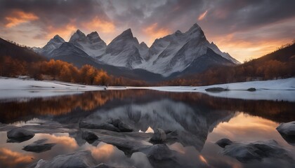 Tranquil mountain lake landscape with snow capped mountain peaks reflecting in the water at sunrise - Powered by Adobe