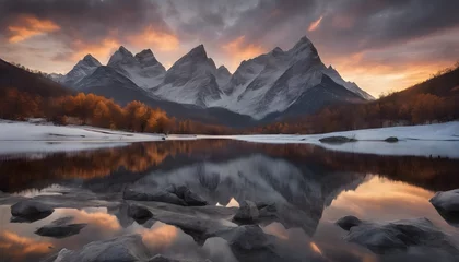 Fotobehang Tranquil mountain lake landscape with snow capped mountain peaks reflecting in the water at sunrise © vetrana