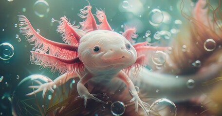 Axolotl, underwater, close-up, ethereal, bubble backdrop, dreamy, surreal clarity. 