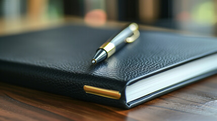 diary and a pen on table, black notebook with pen, concept of knowledge or influence through...