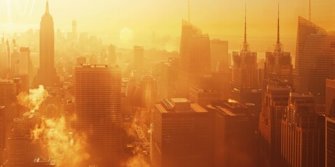 Golden hour over city with smog from extreme heat. Environmental concerns of heatwaves - obrazy, fototapety, plakaty