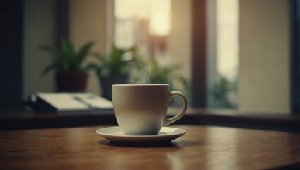 cup of coffee on the wooden table. - obrazy, fototapety, plakaty