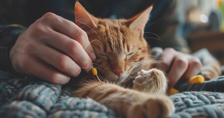 Cat getting nail trimmed, close-up, calm, precise, indoor lighting, serene, clear detail. - - obrazy, fototapety, plakaty