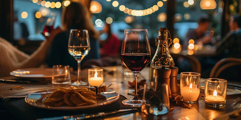 A image of a romantic date night setting at a restaurant, with candles, glasses, and a couple enjoying dinner together