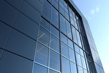 Graphite facade and large windows of the office building. with a view of the sky
