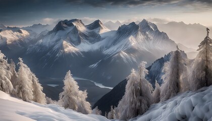 Majestic snow-capped mountain peaks rise above the wintry landscape below - obrazy, fototapety, plakaty
