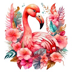 Watercolor illustration portrait of a cute adorable tropical pink flamingo bird animal with flowers on isolated white background.	
