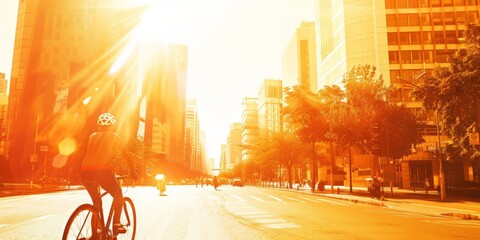 Cyclist in the city during a bright, hot summer day. Heatwave challenges in urban settings