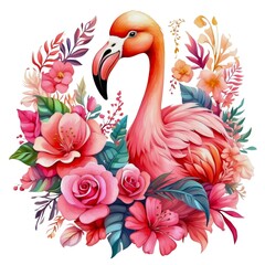Watercolor illustration portrait of a cute adorable tropical pink flamingo bird animal with flowers on isolated white background.	
