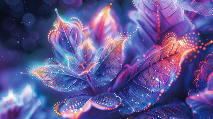 Fantasy digital dot illustration of a neonglowing plant, with abstract, surreal forms in a vibrant, ethereal setting