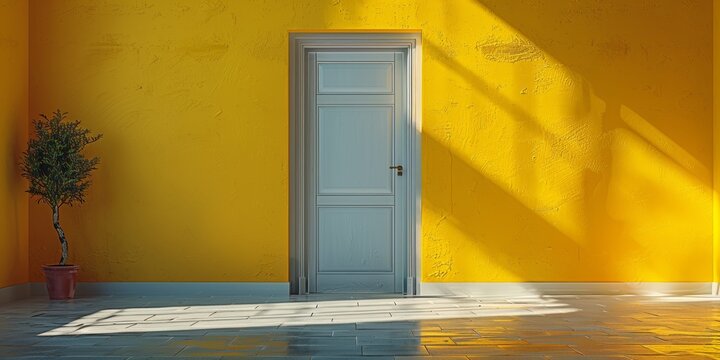 A door adorns the old yellow-painted  wall, exuding vintage charm in a residential setting