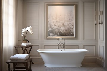 Fototapeta na wymiar White Freestanding Tub: Serene Ambiance Bathroom - Calming Spa-Like Inspirations