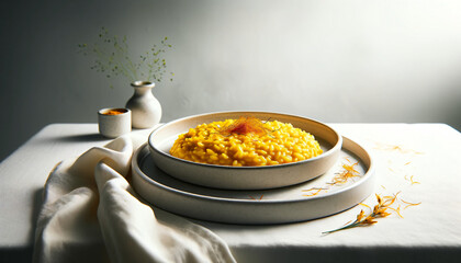 Obraz premium Risotto alla Milanese, also known as Saffron Risotto, served on a white table.