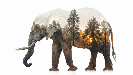 Fototapeta premium silhouette of elephant in double exposure of forest isolated on white background