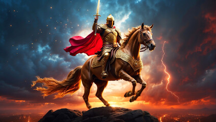A knight with his golden armor on his horse - obrazy, fototapety, plakaty