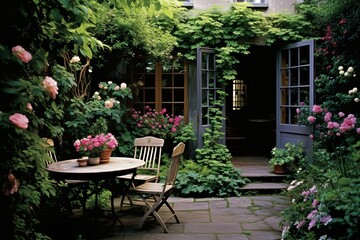Fototapeta na wymiar Enchanting English Garden Patios: Lush Greenery, Cozy Seating, Floral Decor Showcase