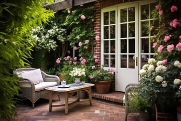 Fototapeta na wymiar Charming English Garden Patios: Lush Greenery, Cozy Seating, Floral Decor Bliss