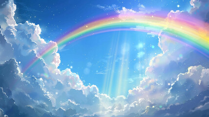 Wide blue sky with pretty clouds and a large rainbow