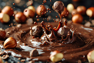 Splash of melted chocolate with hazelnuts. Generated by artificial intelligence