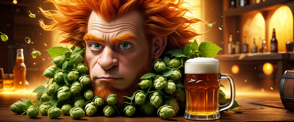 A leprechaun with red hair and a beard made of flowers or hop cones drinks beer in a cozy pub