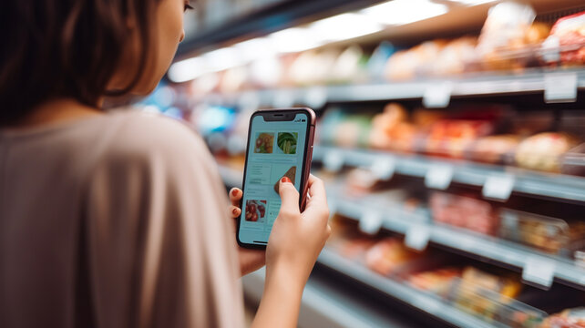 woman using a smartphone researching products and prices in a store