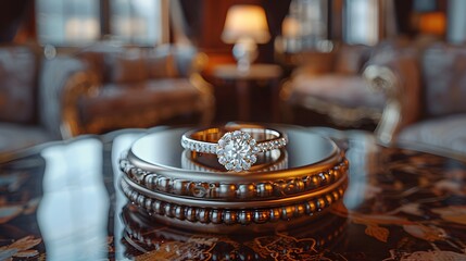  A sophisticated ring box exudes understated luxury and charm, its presence a symbol of special moments and cherished memories. 