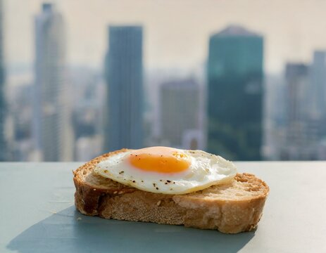 A fried egg atop a rustic bread slice, on a sleek, modern table on a city rooftop, with skyscrapers in the soft-focus background, blending urban life with the simplicity of breakfast.