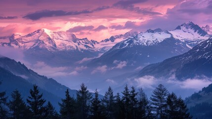 Landscape of snow-capped mountains, coniferous trees and an unusual lilac sky.a?'The concept for the development of tourism, mountaineering, skiing, rock climbing, excursions in the mountains