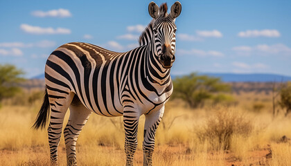 Striking image of a zebra standing tall on the African savanna showcasing its unique black and white stripes and graceful form against a backdrop of golden grass and distant hills - obrazy, fototapety, plakaty