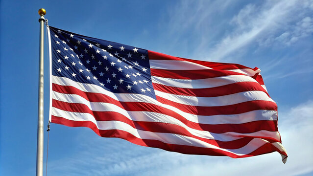 United States flag flutters dynamically in the wind against a backdrop of blue sky and scattered clouds