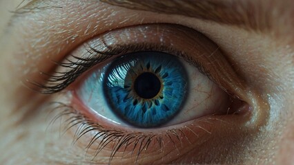 A close up of a blue eye. Macro photography portrait sight design. Vibrant eyeball iris and pupil illustration. 