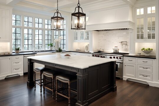Lantern Pendant Lights: Classic Colonial Kitchen Designs with White Marble Countertops and Cabinets