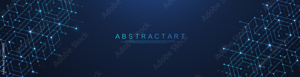Fototapete Technology abstract lines and dots connect background with hexagons. Hexagons connection digital data and big data concept. Hex digital data visualization. Vector illustration
