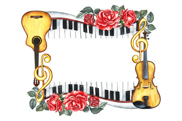 The frame is musical with guitars, piano keys, violin and red roses. The watercolor illustration is made by hand. For posters, flyers and invitation cards. For greeting cards and certificates.